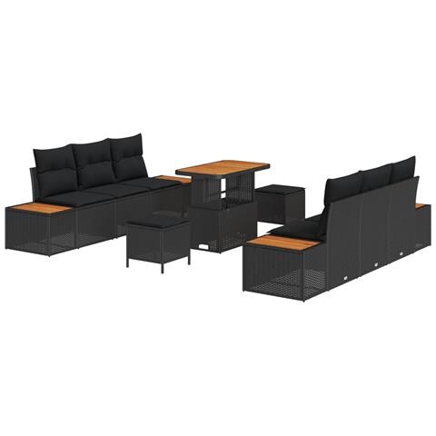Set di Divani da Giardino 9 Pezzi con Cuscini Nero Poli Rattan Acacia, Set di Pranzo da Giardino 3 Pezzi con Cuscini Nero Poli Rattan Acacia - Foto 1