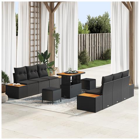 Set di Divani da Giardino 9 Pezzi con Cuscini Nero Poli Rattan Acacia, Set di Pranzo da Giardino 3 Pezzi con Cuscini Nero Poli Rattan Acacia - Foto 2