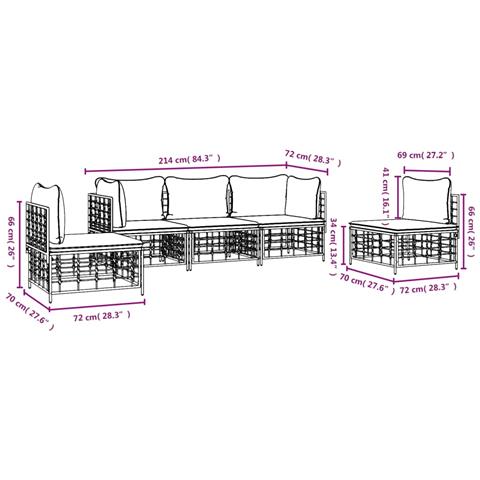 Set Divani da Giardino 5 pz con Cuscini Antracite in Polyrattan - Foto 8