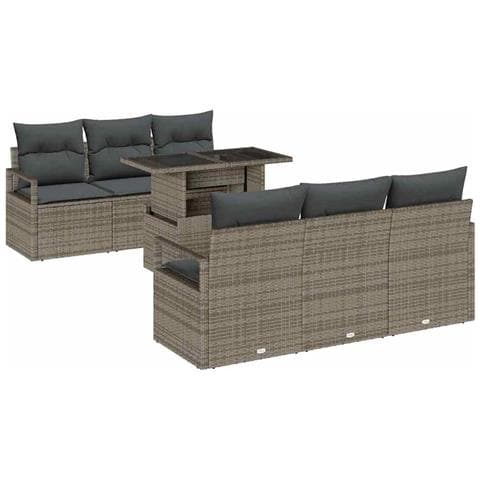 Set divano da giardino 7 pezzi con cuscini in poli rattan grigio, Divano da giardino a 2 posti con cuscini in poli rattan grigio - Foto 1