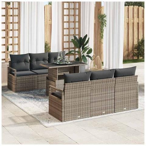Set divano da giardino 7 pezzi con cuscini in poli rattan grigio, Divano da giardino a 2 posti con cuscini in poli rattan grigio - Foto 2