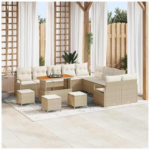 Set Divano da Giardino con Cuscini 14 Pezzi Beige Polyrattan Acacia, Divano da Giardino con Cuscini per 2 Persone Beige Polyrattan, Set da Pranzo Giardino 4 Pezzi con Cuscini Beige Polyrattan Acacia - Foto 2