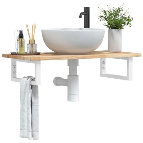 Ripiano a Parete per Lavabo in Acciaio e Massello di Acacia - Foto 2