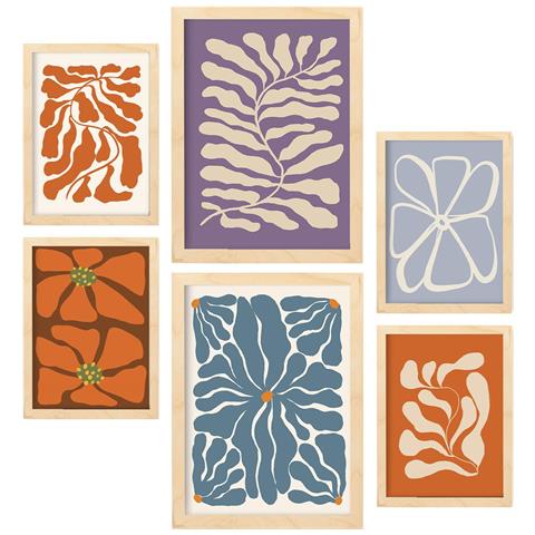 Set Di 6 Stampe Dipinti Decorativi Estetici Astratti Ispirati A Matisse Per Il Tuo Soggiorno, La Tua Camera Da Letto E La Tua Casa A3 & A4 Telaio In Legno Chiaro - Foto 1