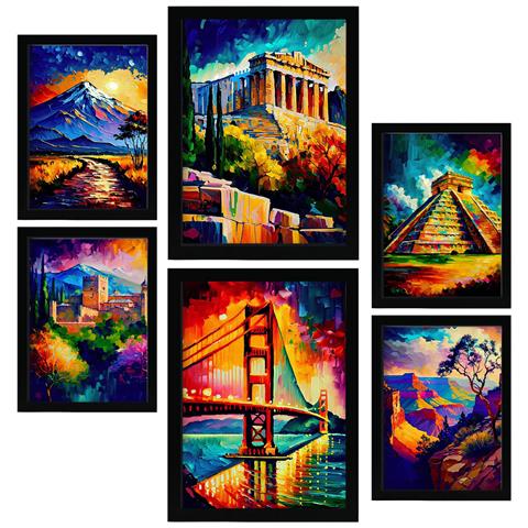 Set Di 6 Stampe Illustrazioni Estetiche In Stile Pittura Ad Olio Di Monumenti E Città In Stile Fotografico A Colori A3 & A4 Cornice Nera - Foto 1