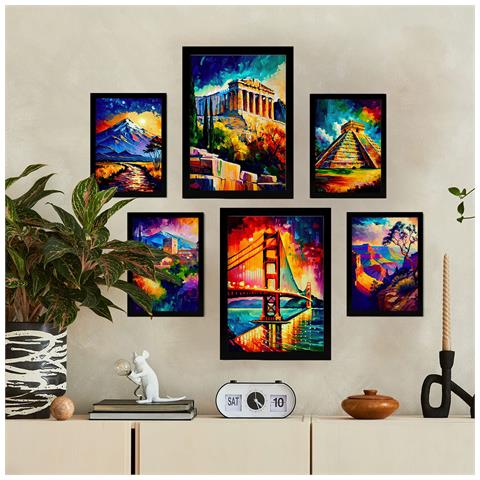 Set Di 6 Stampe Illustrazioni Estetiche In Stile Pittura Ad Olio Di Monumenti E Città In Stile Fotografico A Colori A3 & A4 Cornice Nera - Foto 5