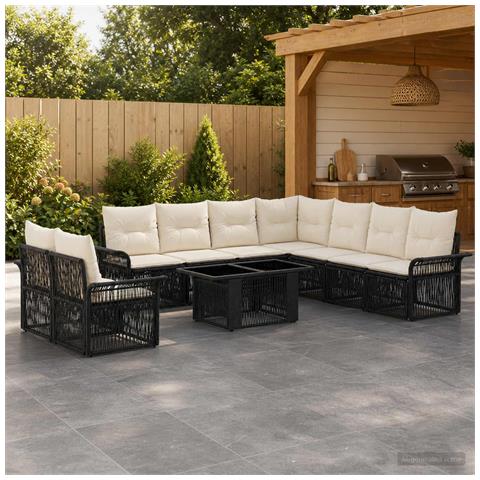 Set Divano da Giardino 10 pz Nero e Bianco Crema polyrattan - Foto 9