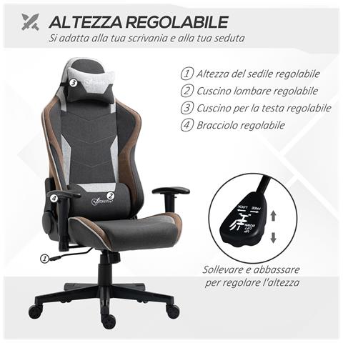 Sedia Da Gaming Reclinabile A 150° Con Funzione Dondolo, Poggiatesta E Cuscino Lombare, Grigio - Foto 2