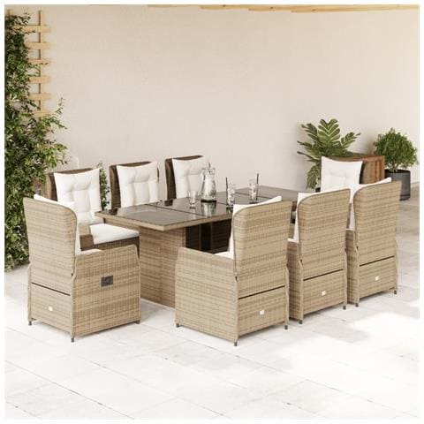 Set Da Pranzo Da Giardino 9 Pz Con Cuscini Beige In Polyrattan - Foto 1
