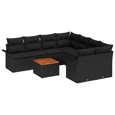 Divani Giardino con Cuscini  9 Pezzi Nero Polyrattan Acacia, Divano Giardino 2 Posti  con Ripostiglio e Cuscini Nero Polyrattan - Foto 1