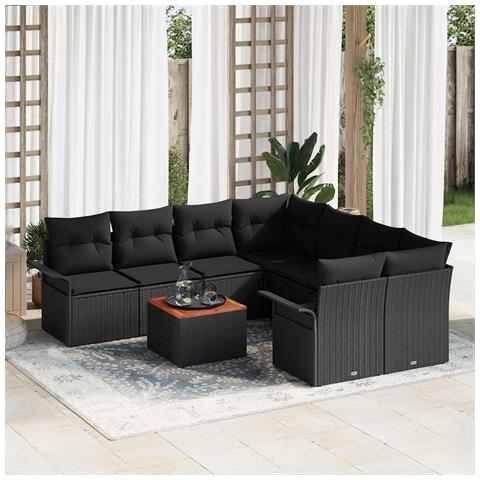 Divani Giardino con Cuscini  9 Pezzi Nero Polyrattan Acacia, Divano Giardino 2 Posti  con Ripostiglio e Cuscini Nero Polyrattan - Foto 2