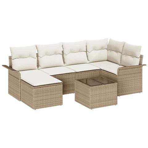 Set divano da giardino 7 pezzi con cuscini in polirattan marrone, Divano da giardino 2 posti con spazio di stoccaggio e cuscini in polirattan beige - Foto 1