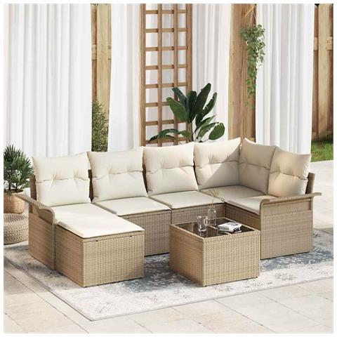 Set divano da giardino 7 pezzi con cuscini in polirattan marrone, Divano da giardino 2 posti con spazio di stoccaggio e cuscini in polirattan beige - Foto 2