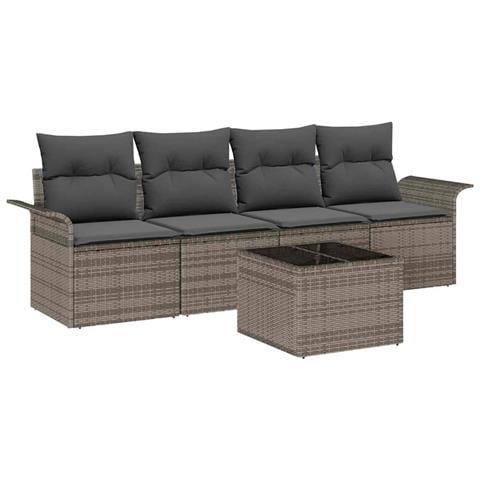 Set divano giardino 5 pezzi con cuscini grigio in rattan polietilene, Divano giardino 2 posti con spazio stoccaggio e cuscini grigio in rattan polietilene - Foto 1