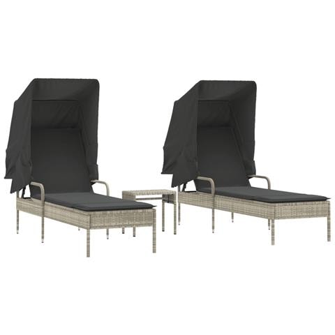 Lettini Prendisole 2 pz con Baldacchino e Tavolino Polyrattan - Foto 1