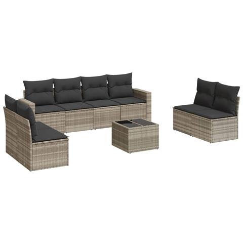 Set Divano da Giardino 9pz con Cuscini Grigio Chiaro Polyrattan - Foto 1