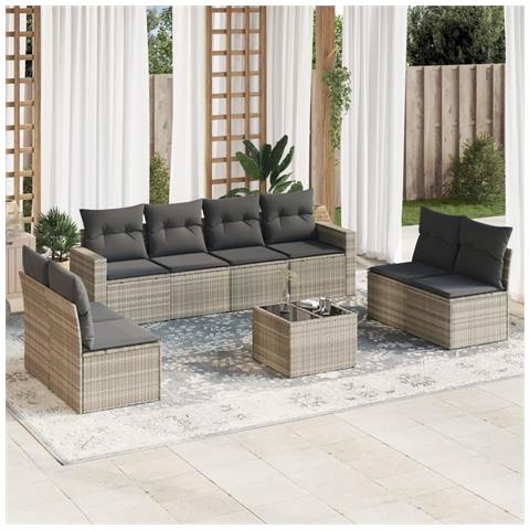 Set Divano da Giardino 9pz con Cuscini Grigio Chiaro Polyrattan - Foto 2