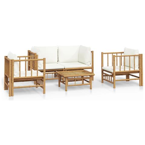 Set Salotto da Giardino 5pz con Cuscini Bianco Crema in Bambù - Foto 1