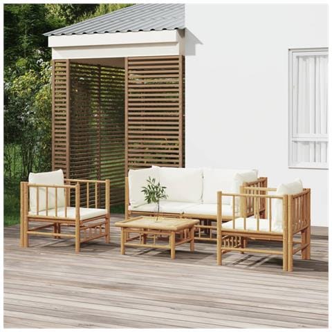 Set Salotto da Giardino 5pz con Cuscini Bianco Crema in Bambù - Foto 2