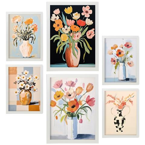 Set Di 6 Stampe Vasi Di Fiori In Dipinti Decorativi Estetici Astratti Per Il Tuo Soggiorno, Camera Da Letto, Casa A3 & A4 Cornice Bianca - Foto 1