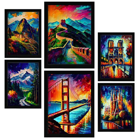 Set Di 6 Stampe Percorso In Stile Pittura Ad Olio Illustrazioni Di Monumenti E Città In Stile Fotografico A Colori Design D'interni A3 & A4 Senza Cornice - Foto 1