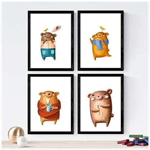 Set Di 4 Stampe Di Orsetti,poster Carta 250 G Cornice Cornice Nera A3 - Foto 1