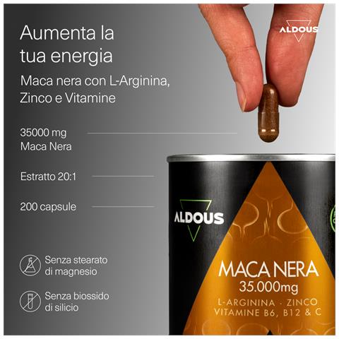 Maca Negra Peruana Complex 35000 Mg Aldous | Estratto 20:1 | 200 Capsule | Arginina, Zinco, Vitamina C, B12 E B6 - Foto 2