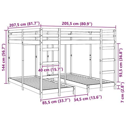 Struttura letto a castello triplo Naturale 80 / 200 x 200 cm - Foto 9