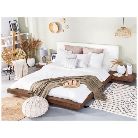 Letto Matrimoniale In Legno Marrone Chiaro E Pelle Bianca 180x200cm Zen - Foto 29