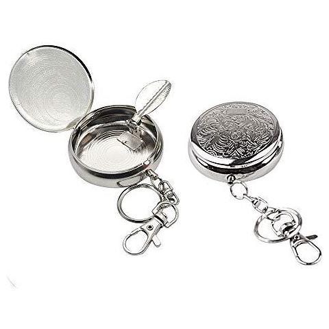 2pc Portatile Cigarette Pocket Posacenere Veicolo Posacenere Crivers Mini In Acciaio Inox Posacenere Con Portachiavi E Sigarette Snuffer Holder Moderna Ash Per Uso Esterno (carved Pattern)  - Foto 1
