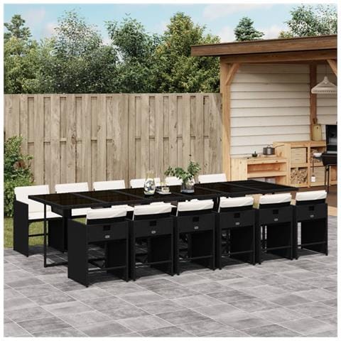 Set Da Pranzo Da Giardino 13pz Con Cuscini Nero In Polyrattan - Foto 1