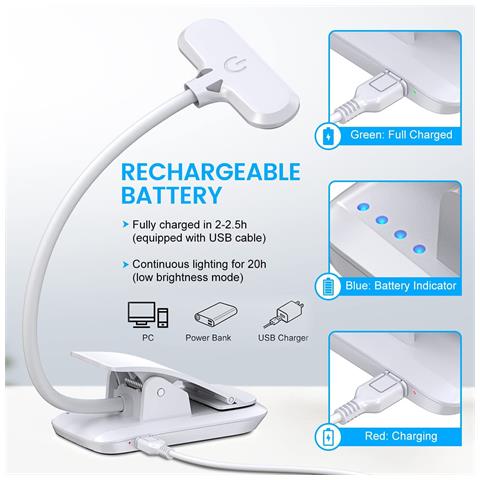 Lampada A Clip Per Libri: Luce Da Lettura Led Portatile White - Foto 3