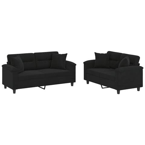 Set Divani 2 pz con Cuscini Nero in Tessuto Microfibra - Foto 1