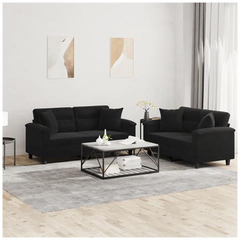 Set Divani 2 pz con Cuscini Nero in Tessuto Microfibra - Foto 2