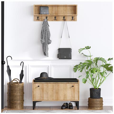 Luana Mobile D'ingresso Con Scarpiera, Panca E Guardaroba In Legno Sospeso - Foto 1