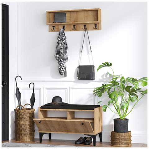 Luana Mobile D'ingresso Con Scarpiera, Panca E Guardaroba In Legno Sospeso - Foto 2