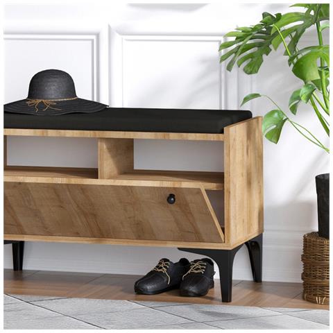 Luana Mobile D'ingresso Con Scarpiera, Panca E Guardaroba In Legno Sospeso - Foto 6