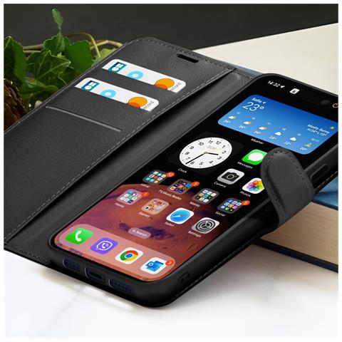 Custodia A Portafoglio Per Iphone 15 Pro Funzione Supporto E Linguetta Magnetica, Nero - Foto 2