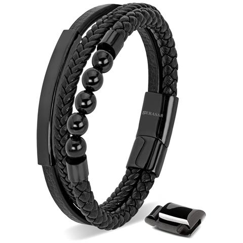 Bracciale in Pelle da Uomo, ""Pearl"", 23cm, Nero - Foto 1