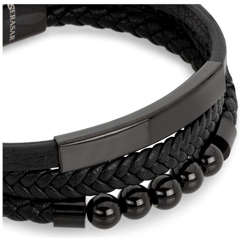 Bracciale in Pelle da Uomo, ""Pearl"", 23cm, Nero - Foto 8