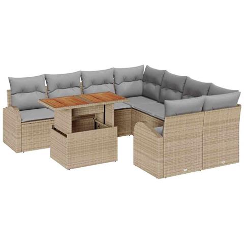 Set da pranzo da giardino 9 pezzi con cuscini Beige Rattan Poliacacia - Foto 1