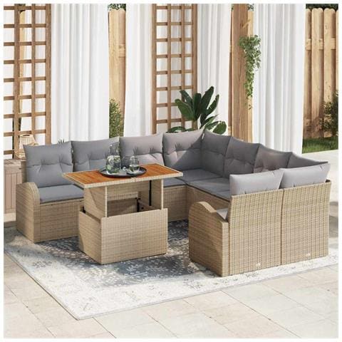 Set da pranzo da giardino 9 pezzi con cuscini Beige Rattan Poliacacia - Foto 2