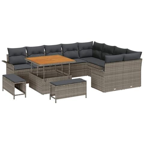 Set di Divani da Giardino  con Cuscini Grigio Rattan Poli Acacia, Set da Pranzo da Giardino  con Cuscini Grigio Rattan Poli Acacia, Divano da Giardino a Due Posti con Cuscini Grigio Rattan Poli - Foto 1