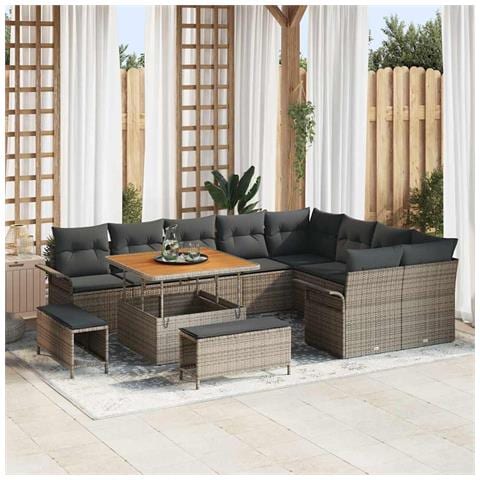 Set di Divani da Giardino  con Cuscini Grigio Rattan Poli Acacia, Set da Pranzo da Giardino  con Cuscini Grigio Rattan Poli Acacia, Divano da Giardino a Due Posti con Cuscini Grigio Rattan Poli - Foto 2