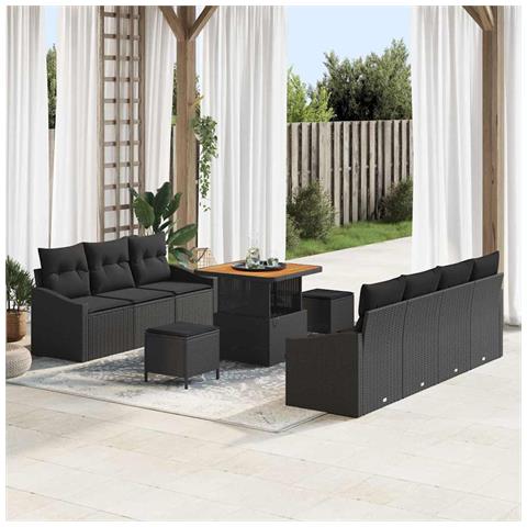 Set di Divani da Giardino in 10 Pezzi con Cuscini Nero Polyrattan Acacia, Divano da Giardino a 2 Posti con Contenitore e Cuscini Nero Polyrattan, Set di Pranzo da Giardino in 3 Pezzi con Cuscini Nero Polyrattan Acacia - Foto 2