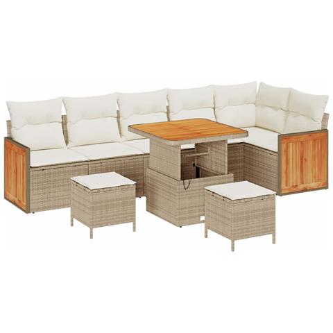 Set divano da giardino  9 pezzi con cuscini in polyrattan beige e acacia, Divano da giardino  2 posti con cuscini in polyrattan beige, Set da pranzo da giardino  3 pezzi con cuscini in polyrattan beige e acacia - Foto 1