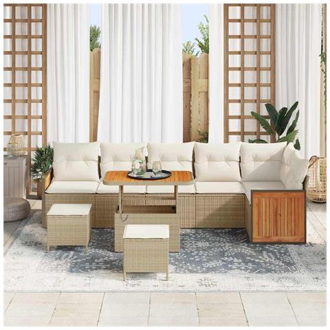 Set divano da giardino  9 pezzi con cuscini in polyrattan beige e acacia, Divano da giardino  2 posti con cuscini in polyrattan beige, Set da pranzo da giardino  3 pezzi con cuscini in polyrattan beige e acacia - Foto 2