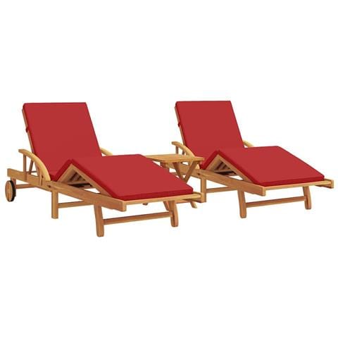 Lettini prendisole 2 pz con cuscini e tavolo in legno massello di acacia rossa,  Lettino prendisole pieghevole con ruote e cuscino in legno massello di acacia rossa - Foto 1