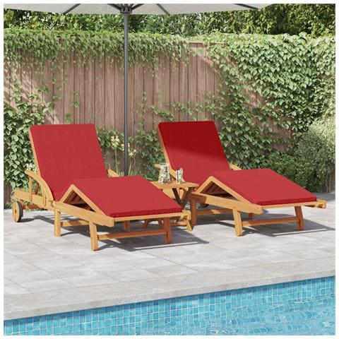 Lettini prendisole 2 pz con cuscini e tavolo in legno massello di acacia rossa,  Lettino prendisole pieghevole con ruote e cuscino in legno massello di acacia rossa - Foto 2