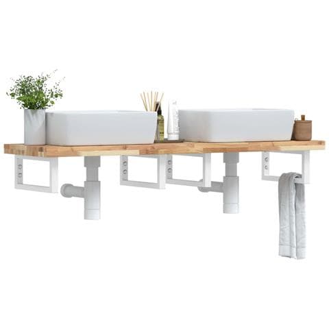 Ripiano a Parete per Lavabo in Acciaio e Massello di Acacia - Foto 2